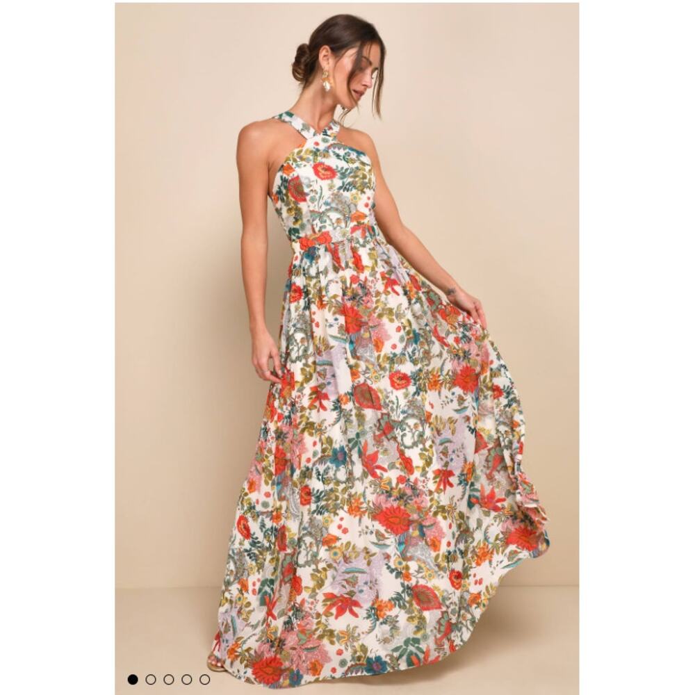 Lulus Dress Womens Size XL Lilja Cream Floral Print Maxi Chiffon Halter Flowy